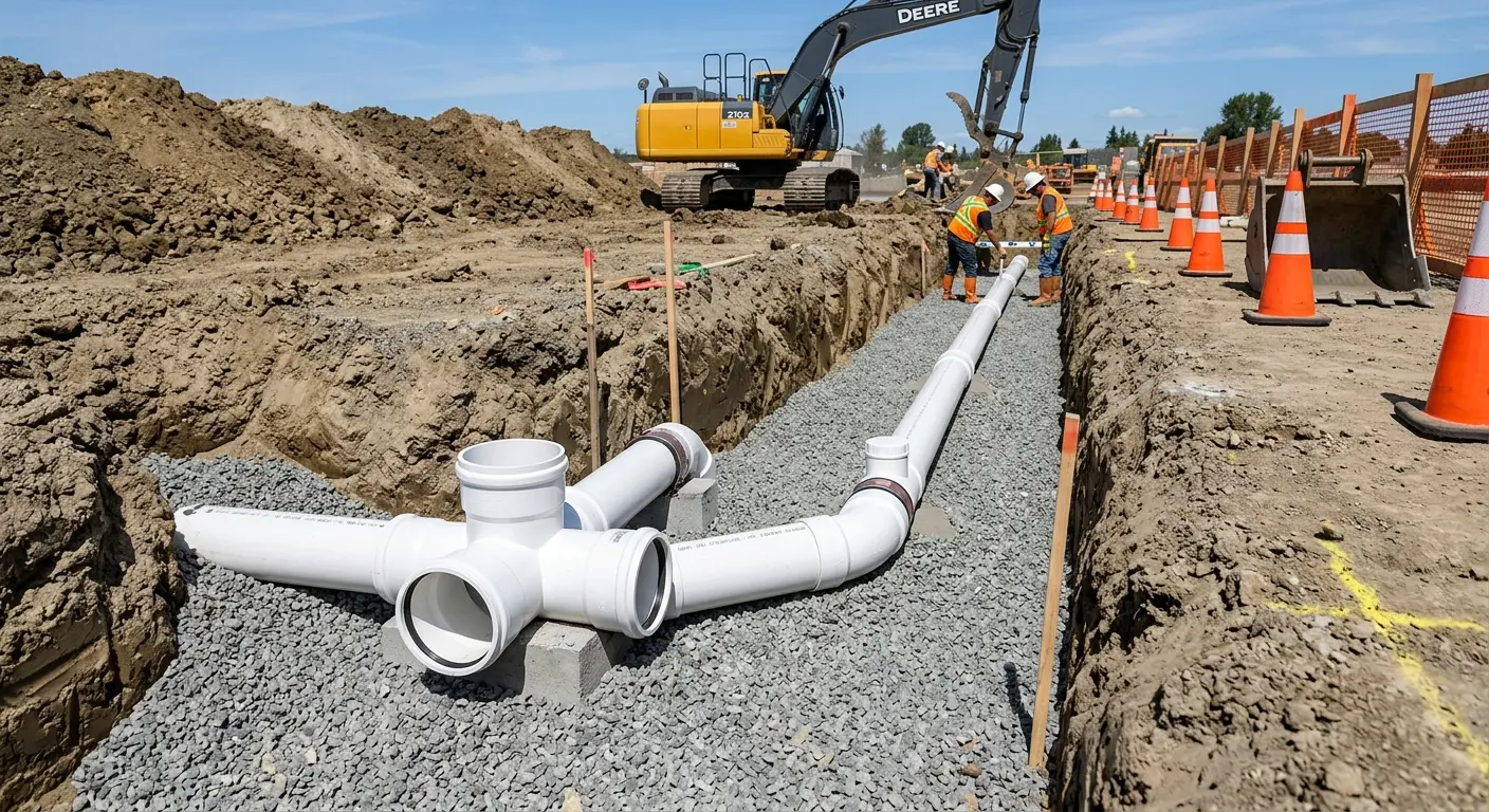 New PVC sewer pipe installation in open trench for Sewer Backup in Elk River