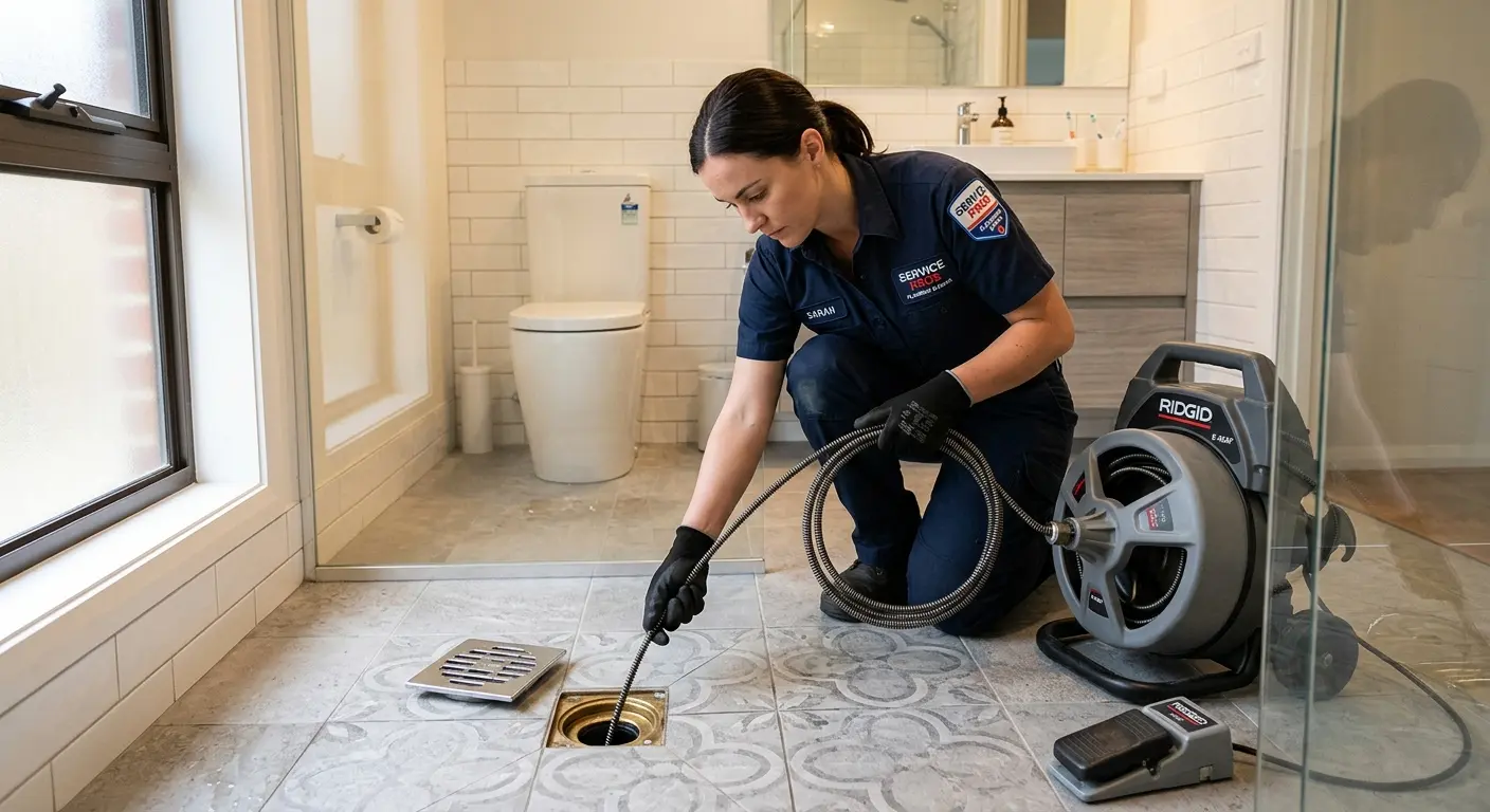 Technician clearing a bathroom floor drain for Sewer Line Replacement in Elk River